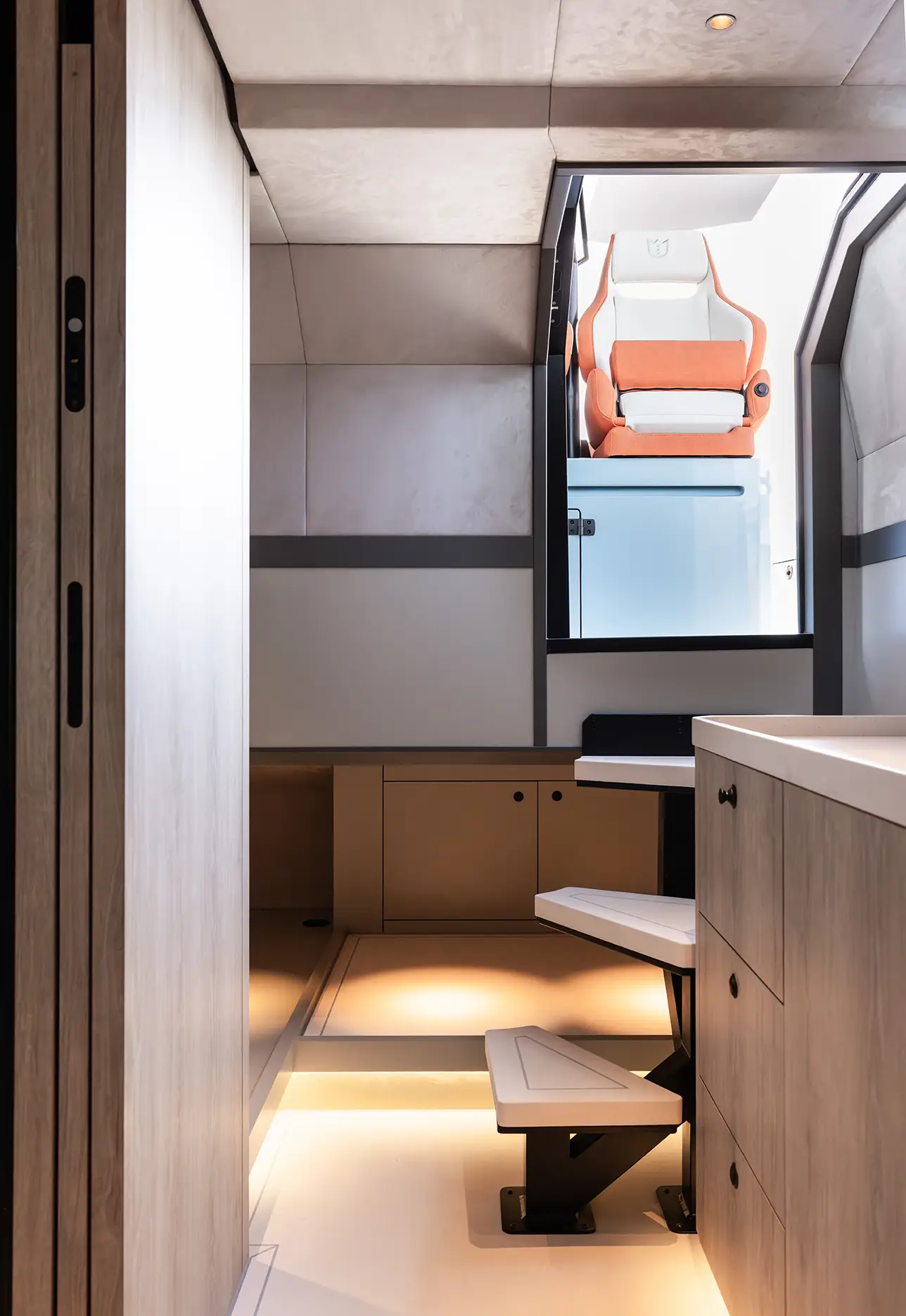 Lekker 45 interior cabin showing sleeping area and ambient lighting