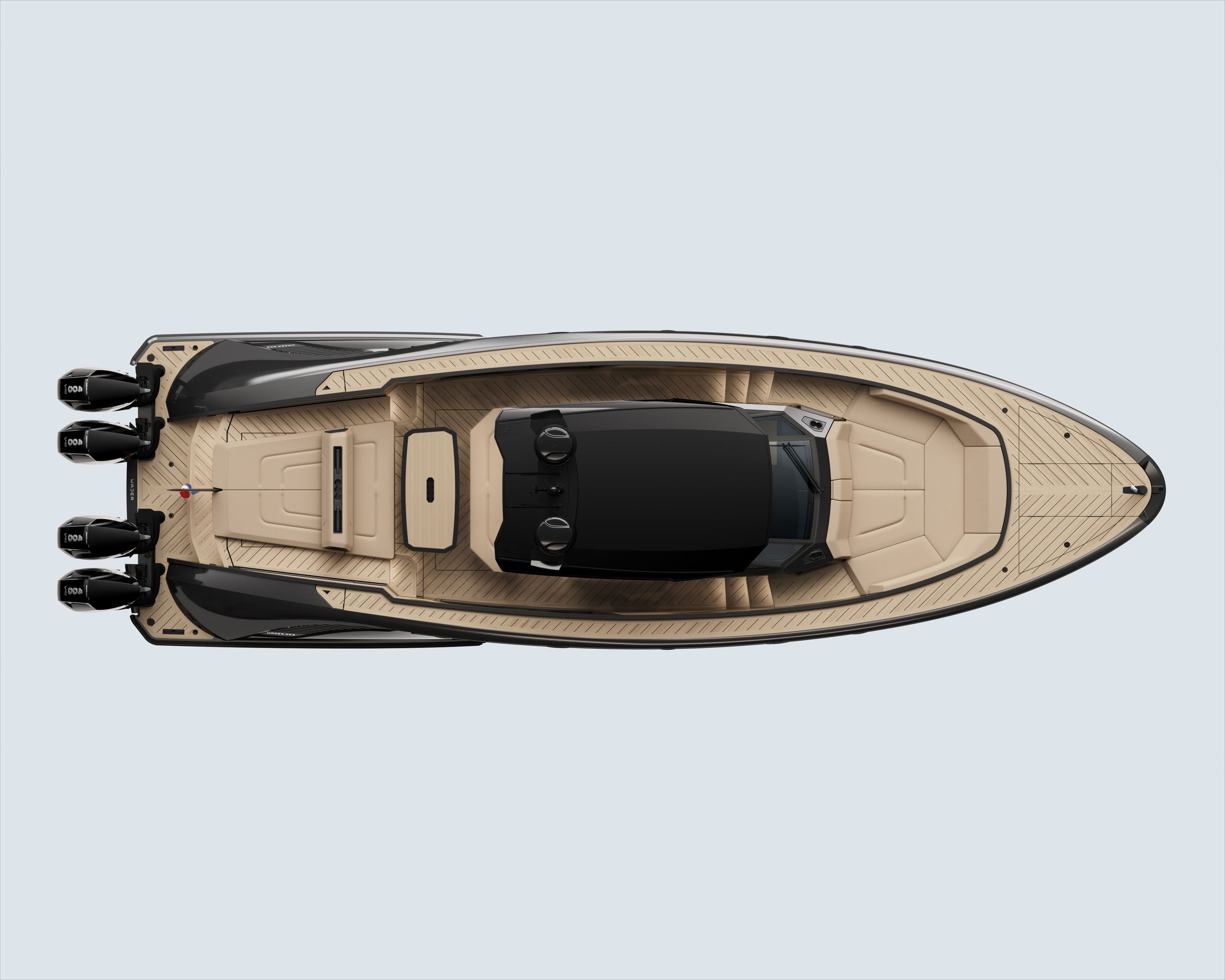 Wajer 44 S aft profile with twin Mercury V10 outboards