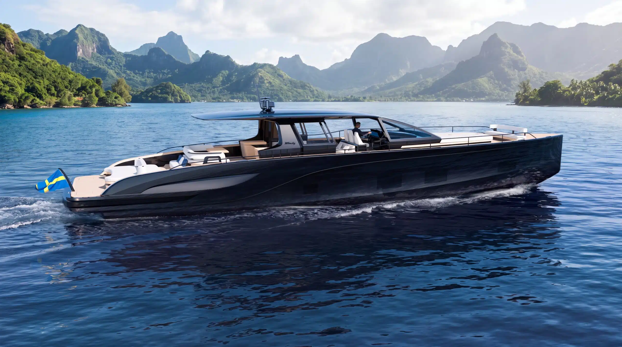 Windy SR 77 exterior render, starboard profile underway