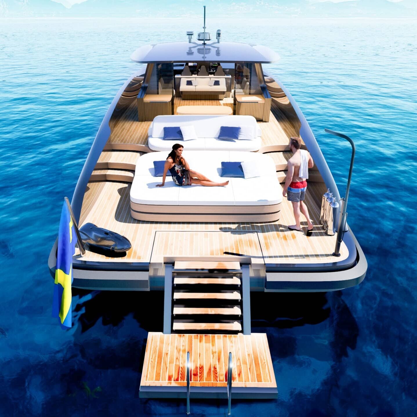Windy SR 77 render showing aft deck and swim platform
