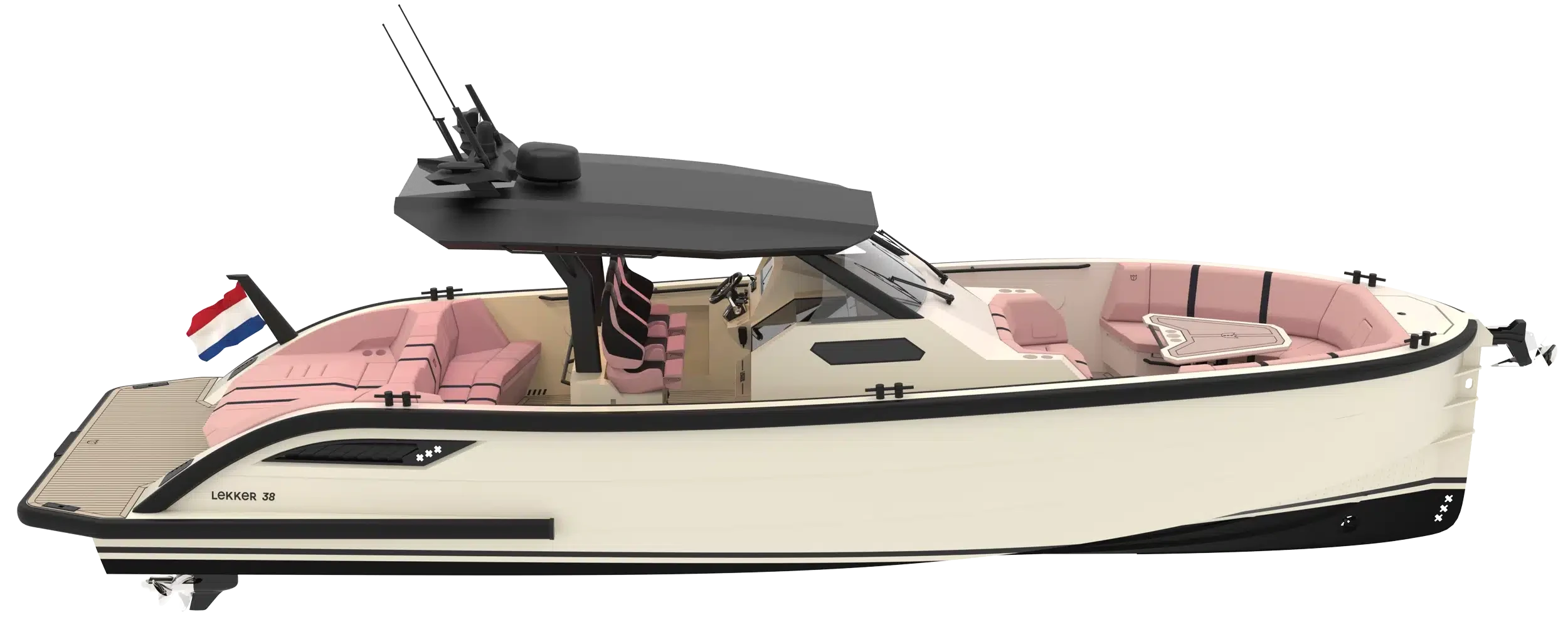 Lekker 38 underway at speed, exterior starboard-quarter view