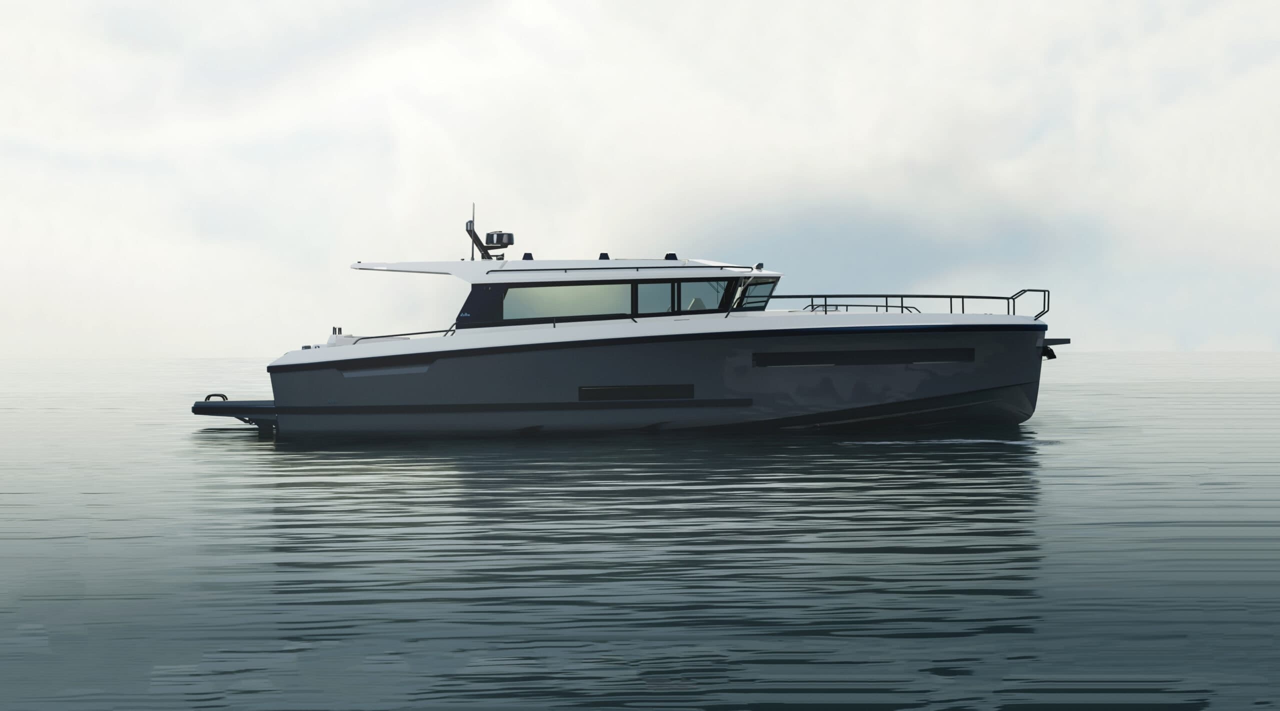 Delta 48 Adventure exterior render, three-quarter bow view showing profile and deck layout