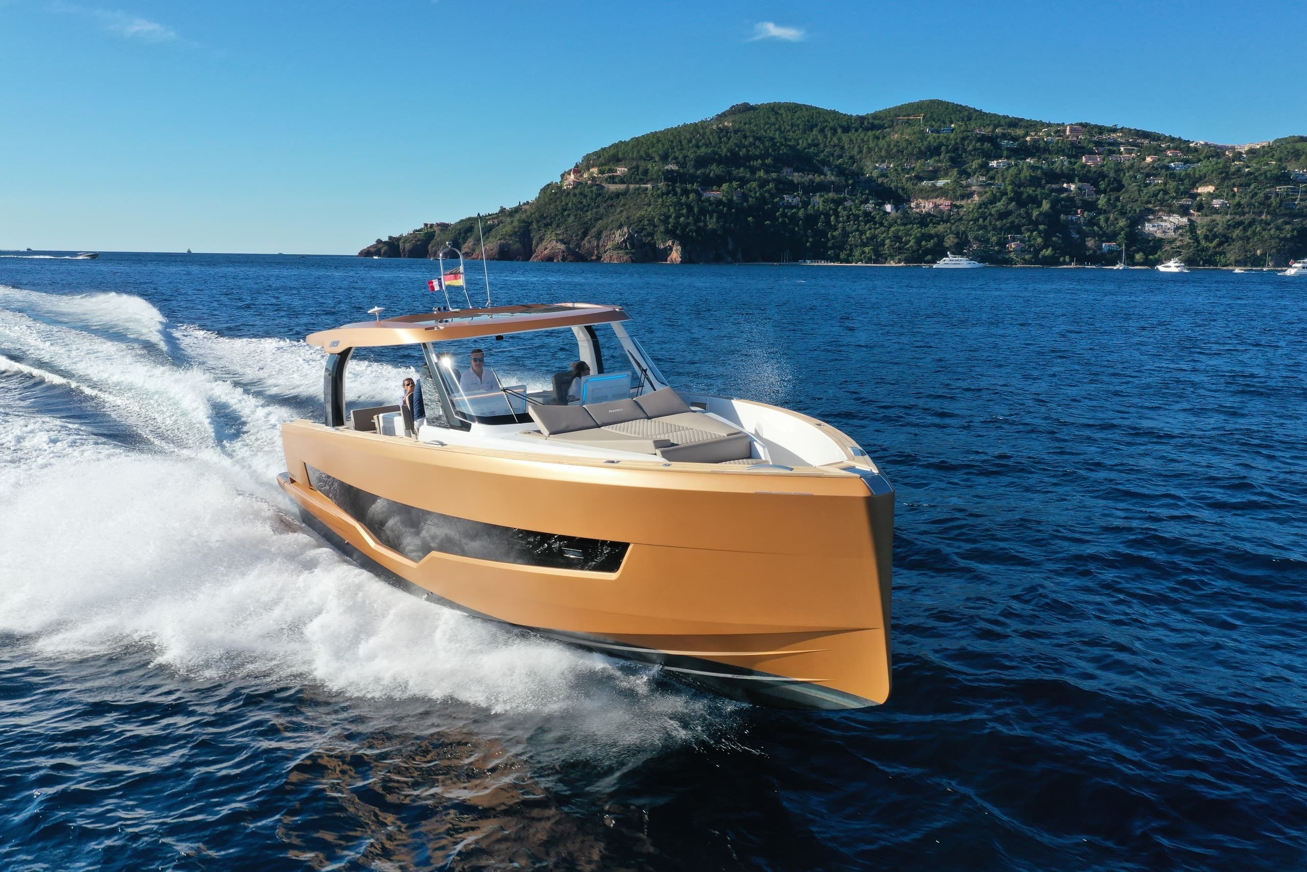 Fjord 53 XL running shot, full exterior view at sea