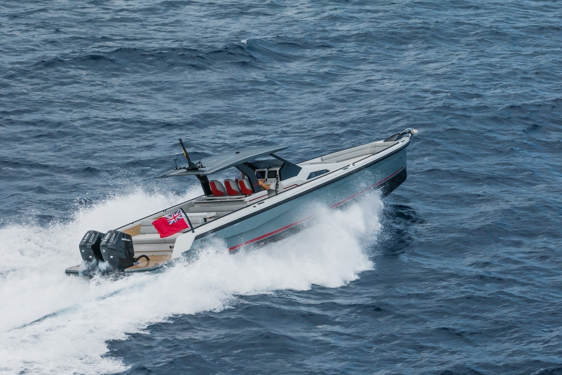Chaser 54 Laguna aerial view anchored in sheltered waters