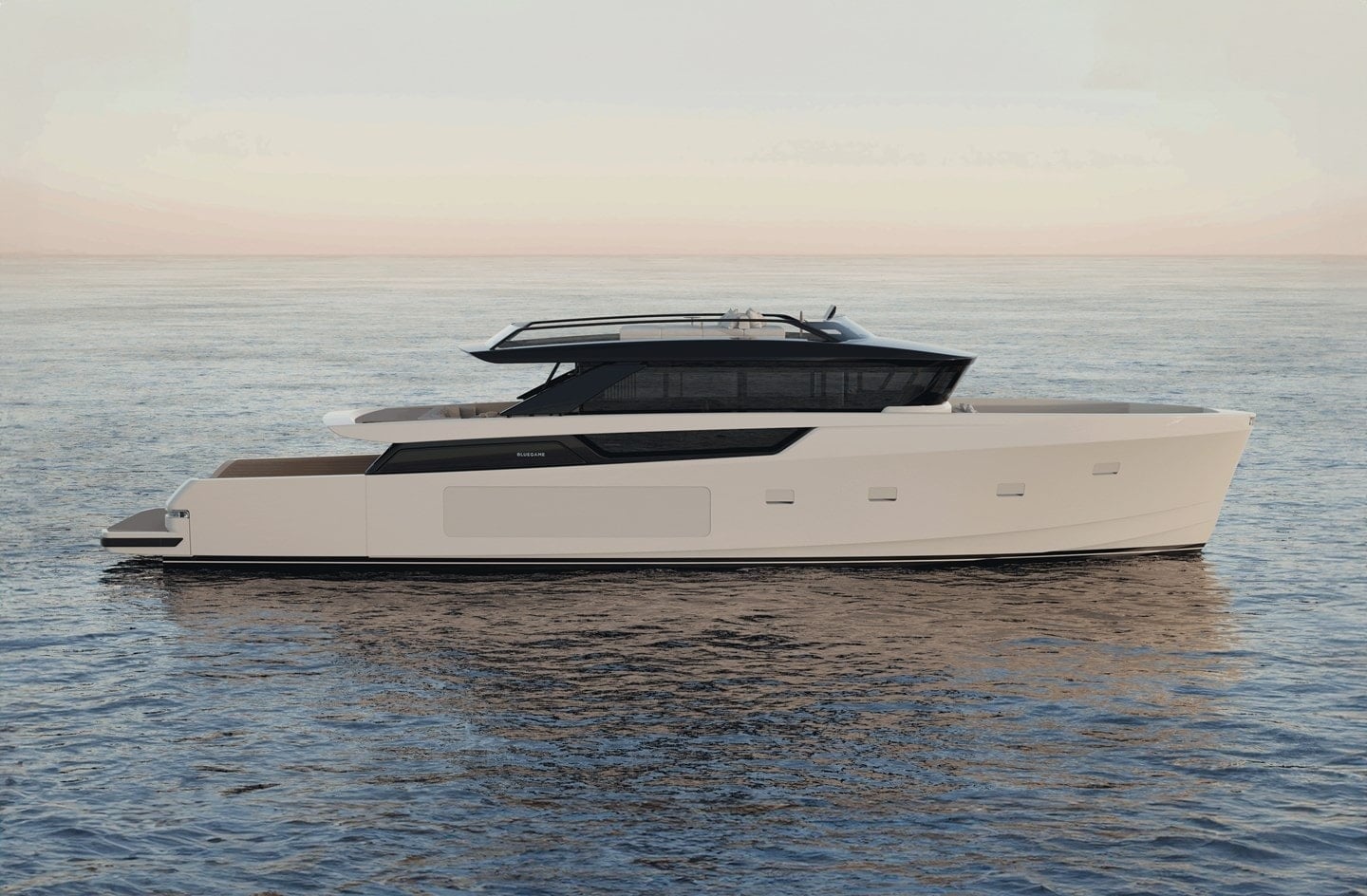 Bluegame BGX83 exterior hero shot showing full profile at speed on open water