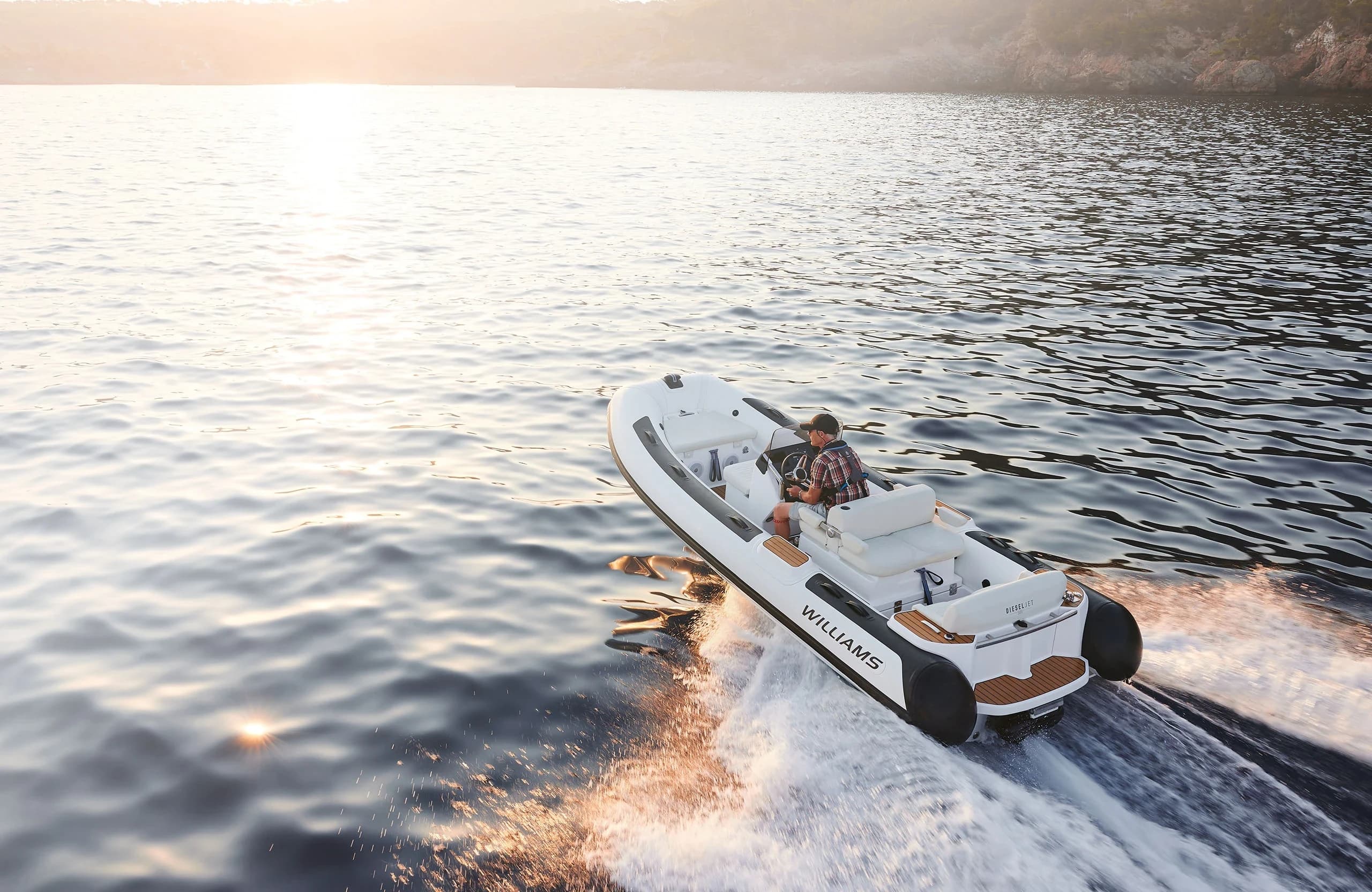Williams DieselJet 505 hero shot showing the full RIB profile on water