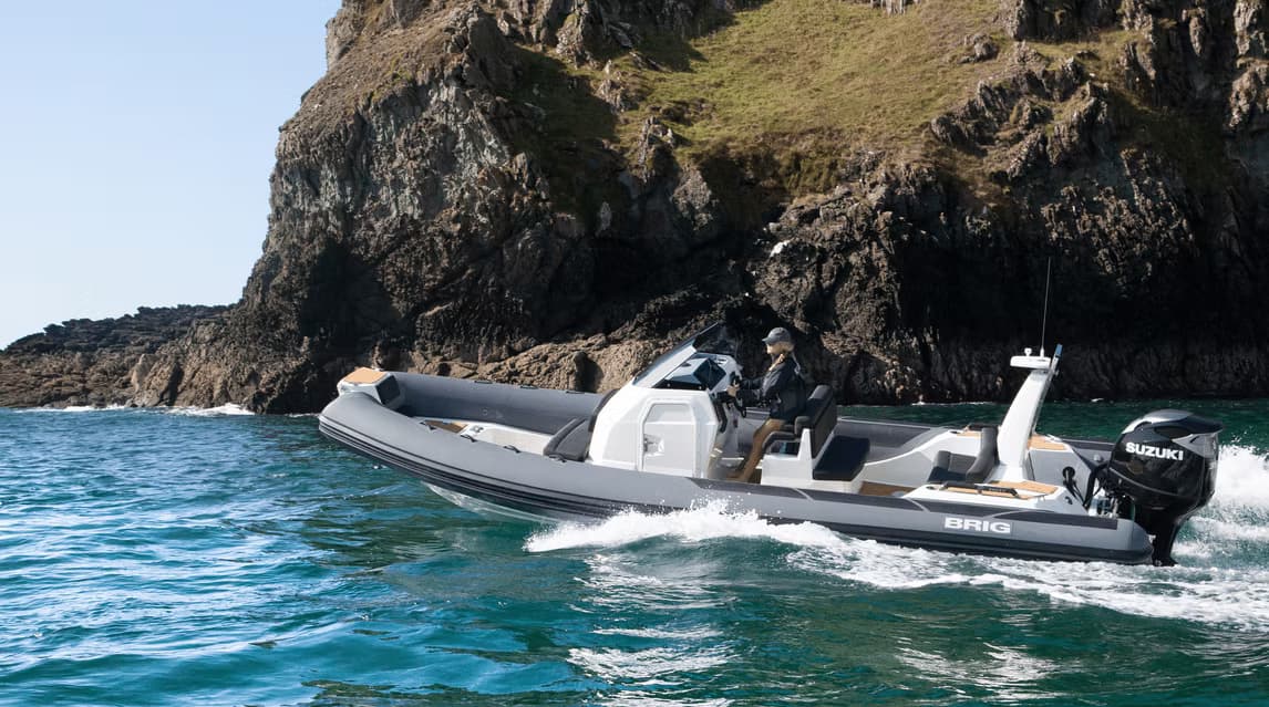 BRIG Eagle 8 RIB underway on open water, showing full hull, tube profile, and navigation arch