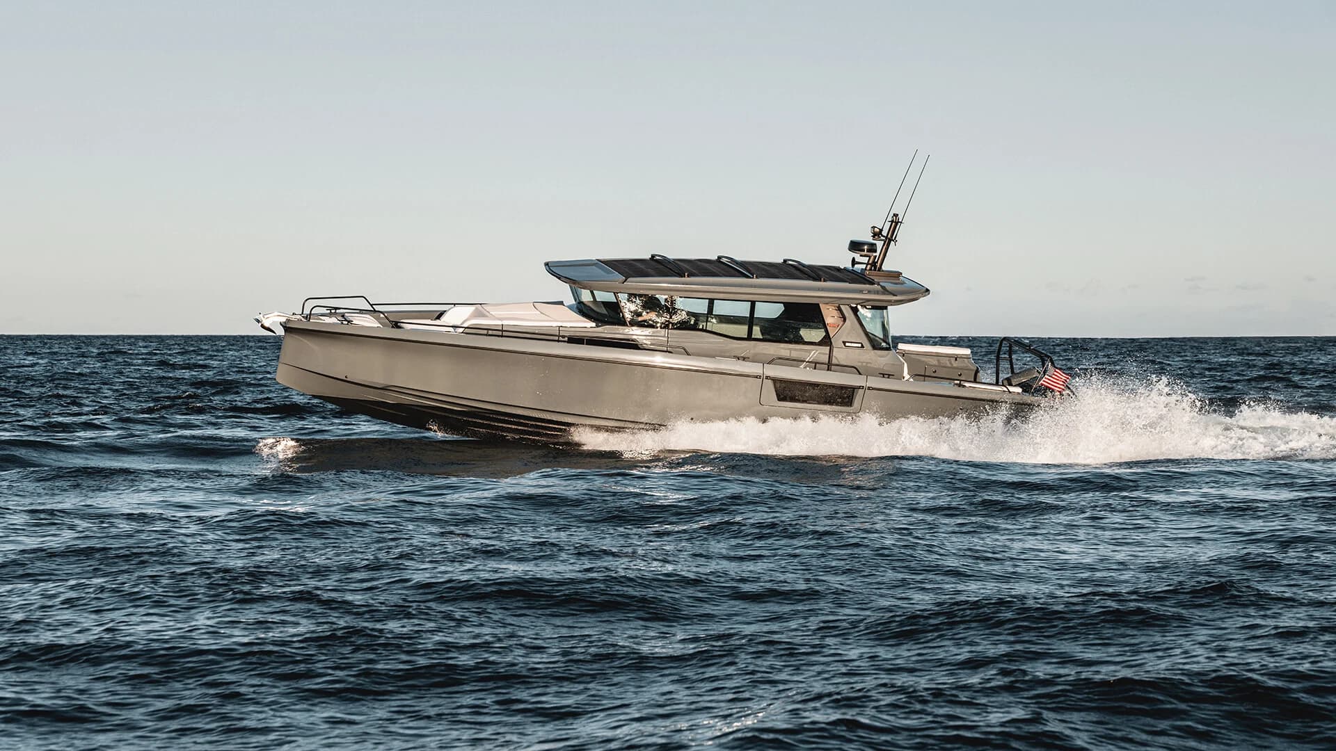 BRABUS Shadow 1500 XC Cross Cabin in Phantom Grey underway at speed, three-quarter bow view