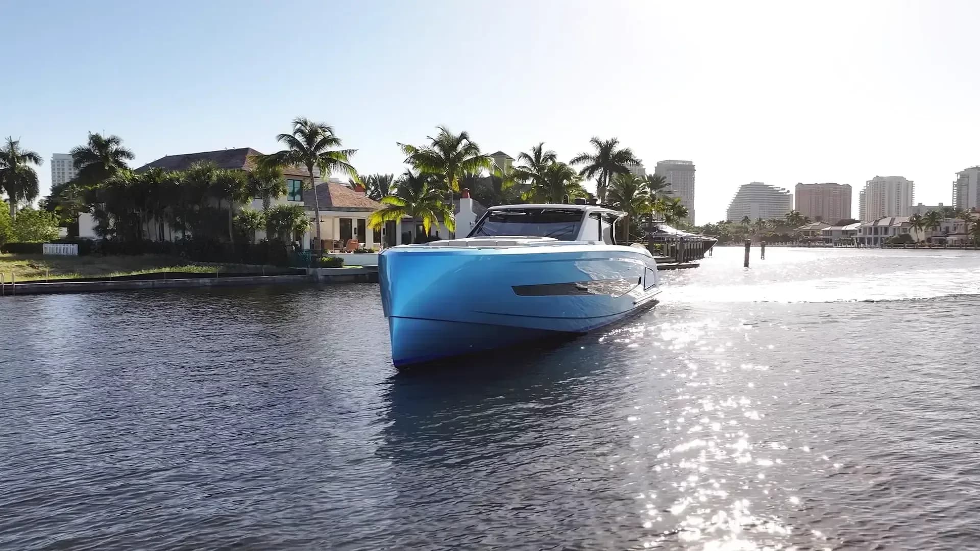 Vanquish VQ70 promotional still from yard video, full yacht at sea